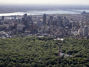 Montreal's skyline is seen over the top of Mount Royal.