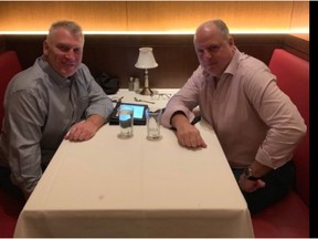 TSN 690 Radio's Sergio Momesso, right, a former member of the Montreal Canadiens and St. Louis Blues, and Blues great Brett Hull share a meal in St. Louis in January 2019.