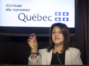 Coroner Géhane Kamel presents her report in the death of Gilles Duceppe's mother, Hélène Rowley Hotte Duceppe, at the Grand quartier general de la Sûreté du Québec June 18, 2019.