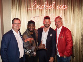 Ritz GM Andrew Torriani gets into the spirit with Nashville Predator and forever Montrealer P.K. Subban, Tampa Bay Lightning’s Alex Killorn and Paysafe king Joel Leonoff at the Ritz-Carlton Montreal Grand & Decadent Grand Prix Party.