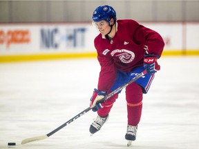 Cole Caufield skates through a drill during development camp at the Bell Sports Complex in Brossard on Wednesday, June 26, 2019.