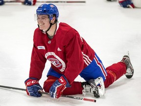 Canadiens' Cole Caufield leads the team's stretch during development camp at the Bell Sports Complex in Brossard on June 26, 2019.