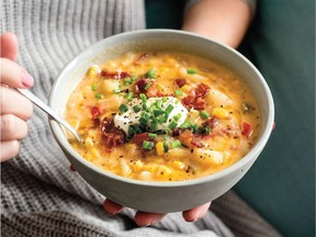 Offering her usual vegetarian options, Sara Lynn Cauchon says you can swap the bacon for olive oil and smoky paprika in the Smoky Corn Chowder recipe from The Domestic Geek's Meals Made Easy.