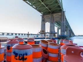 Construction cones beneath the Champlain Bridge in 2015.