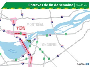 A map of areas to avoid during St-Jean-Baptiste weekend.