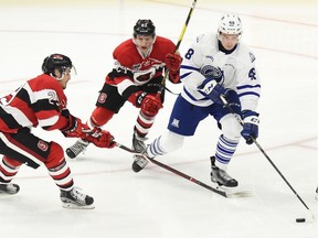 Steelheads' Thomas Harley battles for the puck against Marco Rossi, No. 23, and Tye Felhaber of the Ottawa 67s during OHL game last October.