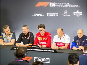 A general view of the Team Principals Press Conference with Director of Pirelli F1 Mario Isola, Haas F1 Team Principal Guenther Steiner, Ferrari Team Principal Mattia Binotto, Alfa Romeo Racing Team Principal Frederic Vasseur, and Scuderia Toro Rosso Team Principal Franz Tost during practice for the Grand Prix of Spain at Circuit de Barcelona-Catalunya on May 10, 2019, in Barcelona.