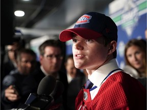 Cole Caufield speaks to the media after being selected 15th overall by the Montreal Canadiens during the first round of the 2019 NHL Draft at Rogers Arena on June 21, 2019, in Vancouver.