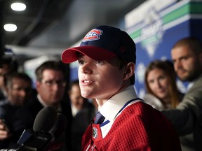 Cole Caufield speaks to the media after being selected 15th overall by the Montreal Canadiens during the first round of the 2019 NHL Draft at Rogers Arena in Vancouver on Friday, June 21, 2019.