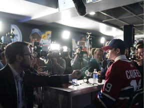 Cole Caufield speaks to the media after being selected 15th overall by the Montreal Canadiens during the first round of the 2019 NHL Draft at Rogers Arena on Friday, June 21, 2019, in Vancouver.
