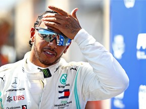 Pole position qualifier Lewis Hamilton of Great Britain and Mercedes GP celebrates during qualifying for the F1 Grand Prix of France at Circuit Paul Ricard on Saturday, June 22, 2019, in Le Castellet.