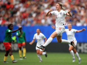 Ellen White of England celebrates after scoring her team's second goal during the 2019 FIFA Women's World Cup France Round Of 16 match between England and Cameroon at Stade du Hainaut on Sunday, June 23, 2019, in Valenciennes, France.