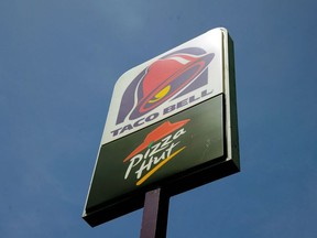 A sign outside the Taco Bell and Pizza Hut on April 19, 2012 in Los Angeles, California.