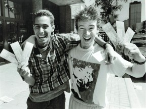 Madonna fans started lining up on Saturday, June 13, 1987 for tickets to the Material Girl's first Montreal concert. When the tickets finally went on sale on Monday, June 15, Perry Labossière, left, and Mark Armstrong, right, were among those who were successful in getting the tickets.