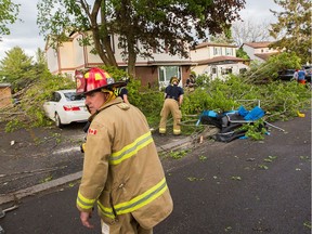 Fire fighters at work clearing damaged branches on Singleton Way as a reported tornado touched down in the Orléans suburb of Ottawa on Sunday evening.