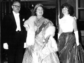 Queen Elizabeth (the Queen Mother), with Mayor Jean Drapeau and Mrs. Drapeau, attends a formal dinner given by the city on June 9, 1962. This photo was published in the Montreal Gazette on June 11, 1962.