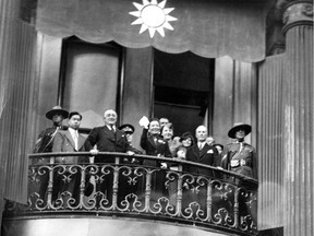 Soong Mei-lin, better known as Madame Chiang Kai-Shek, the wife of the leader of the Republic of China, waves from the Windsor Hotel in Montreal on June 17, 1943. This photo was published on the front page of the Montreal Gazette on June 18, 1943.