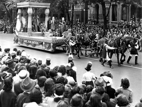 St. Jean Baptiste Day parade June 24, 1940. The figures in this float portray St. John the Baptist as he appeared before King Herod to plead for "moral rights and justice."