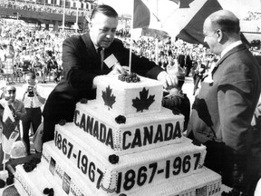 MP Bryce Mackasey officiates at the cutting of the Centennial cake at Expo 67 on July 1, 1967.