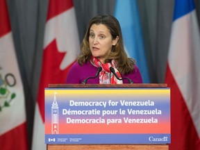 (FILES) In this file photo taken on February 04, 2019 Canadian Prime Minister Chrystia Freeland delivers her opening remarks at the 10th Lima Group in Ottawa, Ontario. - Canada announced on June 2, 2019 it was temporarily shutting its embassy in Venezuela, blaming President Nicolas Maduro for refusing to accredit diplomats critical of his regime.