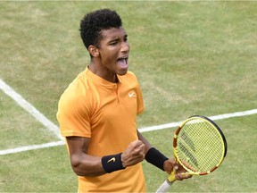 Canada's Felix Auger-Aliassime reacts after defeating Germany's Dustin Brown in their quarter-final match in Stuttgart, Germany, on June 14, 2019.