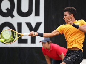 Félix Auger-Aliassime of Montreal plays the ball back to Matteo Berrettini of Italy during the final match at Tennisclub Weissenhof on Sunday, June 16, 2019, in Stuttgart, Germany.