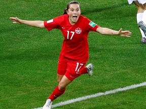 Canada's Jessie Fleming celebrates after scoring against New Zealand at the Stade des Alpes at the 2019 FIFA Women's World Cup on Saturday, June 15, 2019.