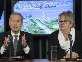 Federal Minister of Infrastructure and Communities Francois-Philippe Champagne and Quebec Minister responsible for Montreal and Greater Montreal Chantal Rouleau attend a news conference in Montreal, Monday, June 3, 2019, where they announced a joint investment into the repair and upgrade of the Louis-Hippolyte Lafontaine Bridge-Tunnel.