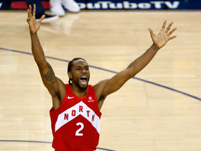 Kawhi Leonard of the Toronto Raptors celebrates his team's win over the Golden State Warriors in Game 6 to win the 2019 NBA Finals.