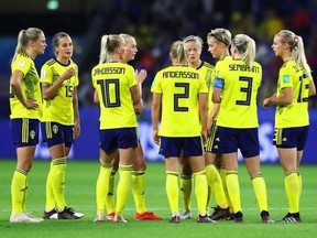 Sweden players in discussion during the 2019 FIFA Women's World Cup France group F match between Sweden and USA at Stade Oceane on June 20, 2019, in Le Havre, France.