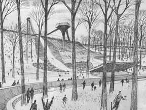 A drawing, published by the Montreal Gazette in 1965, shows a ski jump and bobsled run proposed for Mount Royal.