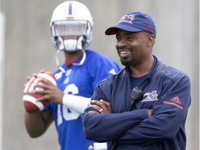 Montreal Alouettes head coach Khari Jones watches drills during a team practice in Montreal on May 28, 2018.