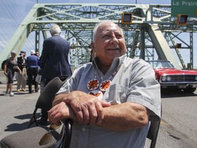Eugene Joseph Diabo, who worked on the construction of the old Champlain Bridge from 1959 to 1961, is seen Monday, July 1 on the bridge at a press event marking its permanent closure.