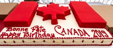 The birthday cake that was served to the public at Place du Canada at the finish of Montreal's Canada Day parade.