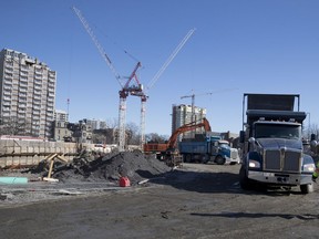 The old Montreal Children's Hospital work site is seen in this February file photo. Community groups want social housing to be included in the new project being developed there.