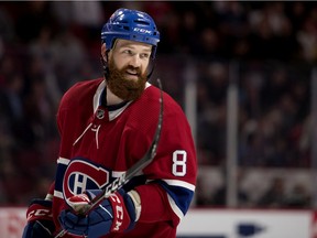 Canadiens defenceman Jordie Benn gets ready for faceoff during a break in NHL pre-season action against the Florida Panthers at the Bell Centre in Montreal on Sept. 19, 2018.