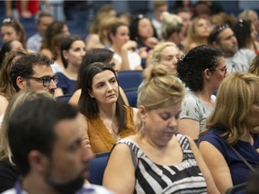 MONTREAL, QUE:  Concerned parents attend a town hall meeting from the English Montreal School Board (EMSB) in Montreal, Quebec July 2,  2019.