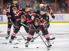 Phil Varone warms up as the Binghamton Senators prepare to face the Toronto Marlies in AHL action at the Canadian Tire Centre in Ottawa on March 7, 2019.