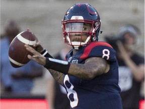 Alouettes quarterback Vernon Adams Jr. passes against the Hamilton Tiger-Cats in Montreal on July 4, 2019.