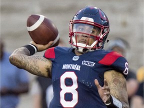Montreal Alouettes quarterback Vernon Adams Jr. passes the ball against the Hamilton Tiger-Cats in Montreal on July 4, 2019.