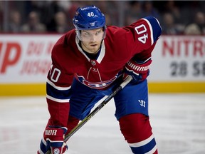 Canadiens forward Joel Armia waits for the puck to drop during NHL pre-season game against the Florida Panthers at the Bell Centre in Montreal on Sept. 19, 2018.