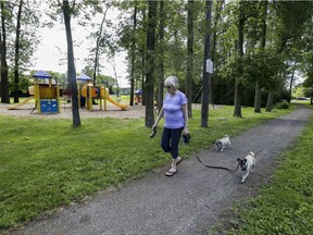 Joanne Parker walks Bozley and Sophie through Shannon Park in Beaconsfield on Sunday. Local residents have signed an online petition calling for the installation of a splash pad in the park.