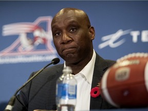 Alouettes general manager Kavis Reed speaks with the media in Montreal on Nov. 8, 2018.