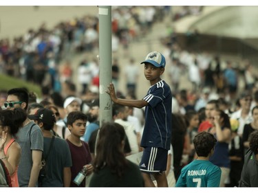 MONTREAL, QUE.: JULY 17, 2019 -- People line up to see Real Madrid CF practice at Saputo stadium in Montreal July 17, 2019. The storied Spanish team is practicing in Montreal from July 9-19 in preparation for the International Champions Cup. (John Kenney / MONTREAL GAZETTE) ORG XMIT: 62866