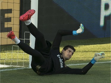 MONTREAL, QUE.: JULY 17, 2019 -- Real Madrid CF goaltender Thibaut Courtois throws the ball back after making a save as the soccer team practiced at Saputo stadium in Montreal July 17, 2019. The storied Spanish team is practicing in Montreal from July 9-19 in preparation for the International Champions Cup. (John Kenney / MONTREAL GAZETTE) ORG XMIT: 62866