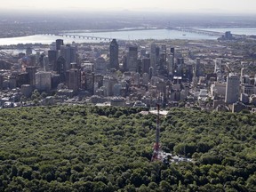 The City of Montreal skyline is seen over the top of Mount Royal in this aerial view in Montreal on Thursday July 19, 2018.