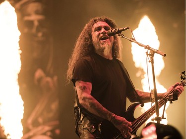 Tom Araya of the group Slayer plays on day 2 of the Heavy Montréal metal festival.
