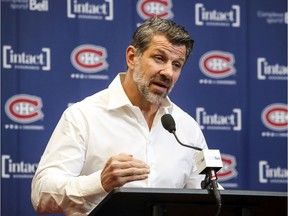 Montreal Canadiens general manager Marc Bergevin meets the media at the Bell Sports Complex in Brossard on April 9, 2019.