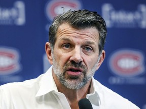 Canadiens general manager Marc Bergevin meets the media at the Bell Sports Complex in Brossard on April 9, 2019, after his team missed the NHL playoffs for the second straight season.