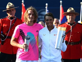 Spain's Rafael Nadal, right, won last year's Rogers Cup title in Toronto, beating Greece's Stefanos Tsitsipas. Nadal is defending his title in Montreal next week.